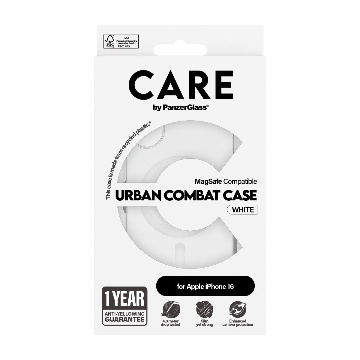 CARE by PanzerGlass® Urban Combat Case Transparent m. Hvid MagSafe iPhone 16